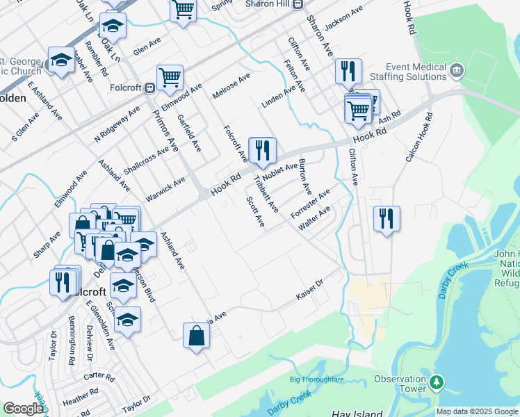 map of restaurants, bars, coffee shops, grocery stores, and more near 1217 Scott Avenue in Sharon Hill