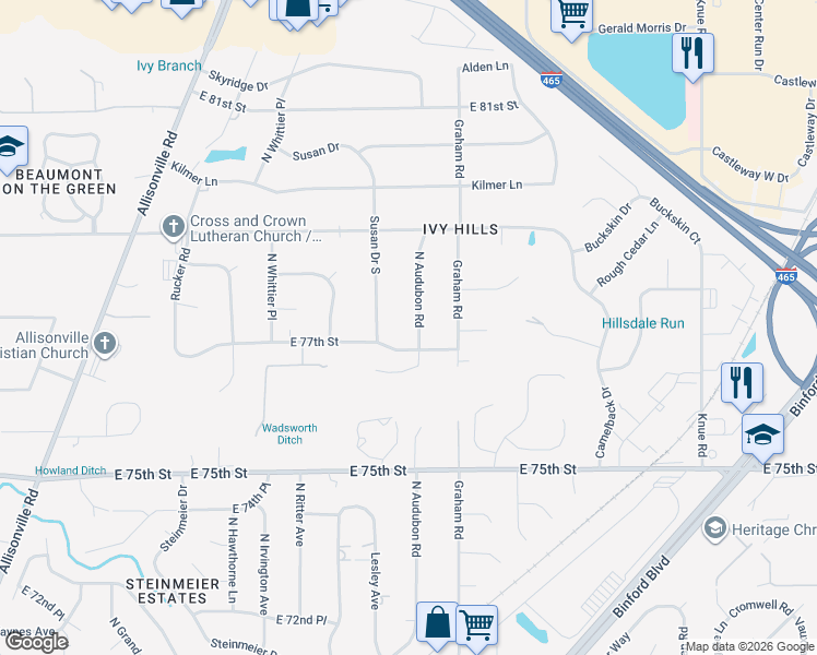 map of restaurants, bars, coffee shops, grocery stores, and more near 7746 North Audubon Road in Indianapolis