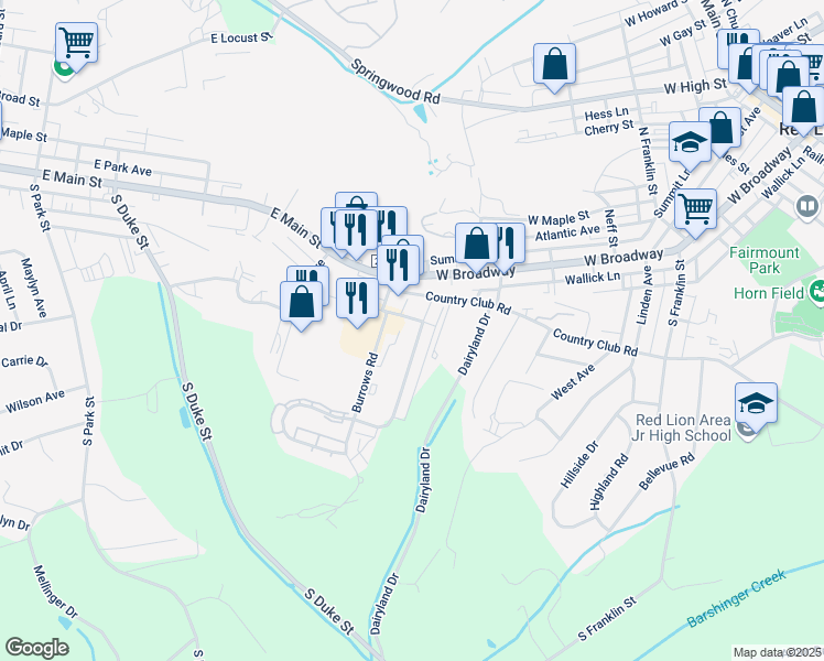 map of restaurants, bars, coffee shops, grocery stores, and more near 114 Country Ridge Drive in Red Lion