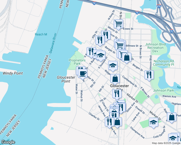 map of restaurants, bars, coffee shops, grocery stores, and more near 328 Powell Street in Gloucester City