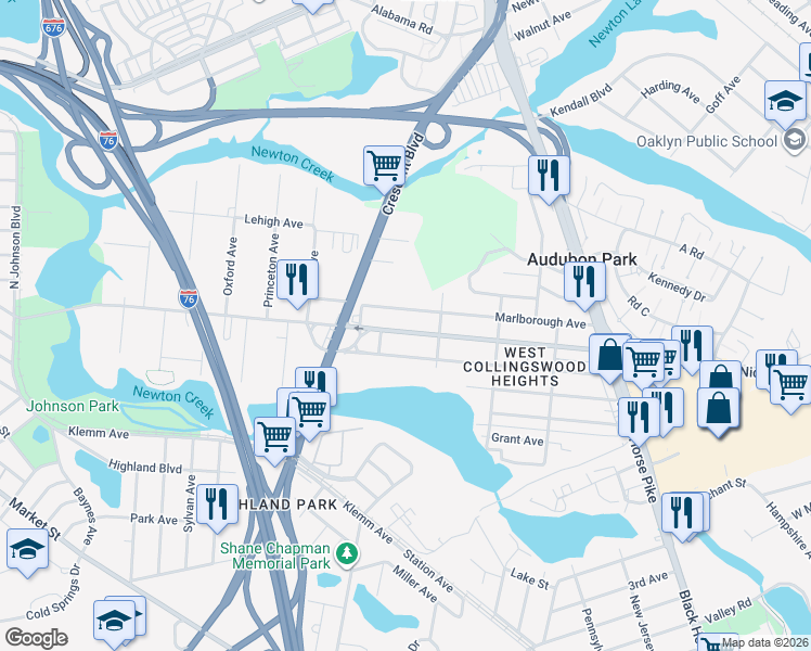 map of restaurants, bars, coffee shops, grocery stores, and more near 312 Marlborough Avenue in Mount Ephraim