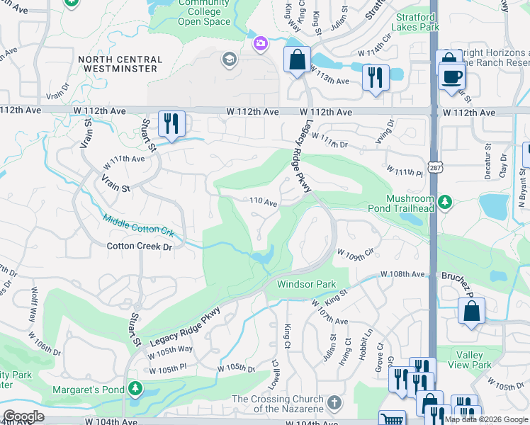 map of restaurants, bars, coffee shops, grocery stores, and more near 10993 Meade Court in Westminster