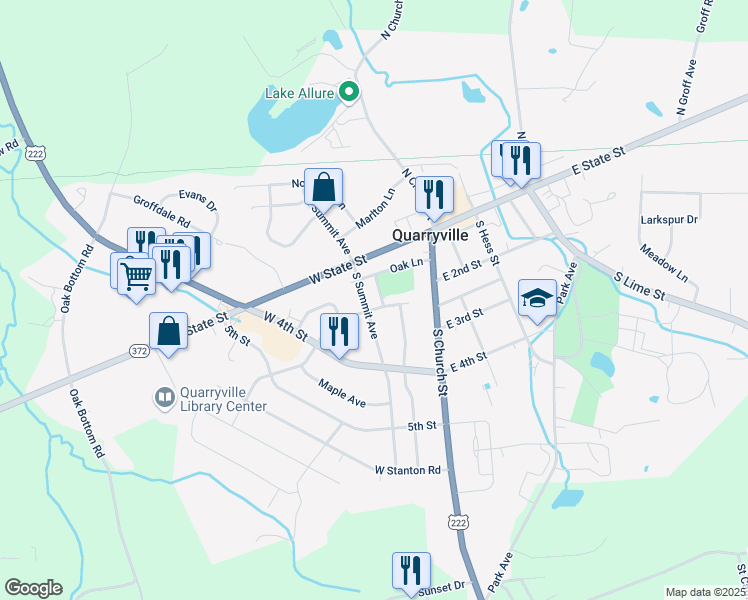 map of restaurants, bars, coffee shops, grocery stores, and more near 113 South Summit Avenue in Quarryville
