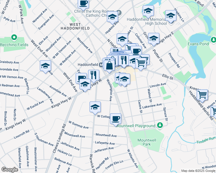 map of restaurants, bars, coffee shops, grocery stores, and more near 18 Washington Avenue in Haddonfield