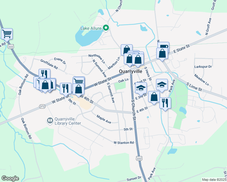 map of restaurants, bars, coffee shops, grocery stores, and more near 113 South Summit Avenue in Quarryville