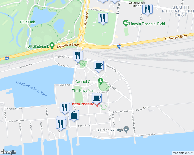 map of restaurants, bars, coffee shops, grocery stores, and more near 150 Rouse Boulevard in Philadelphia
