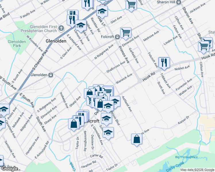 map of restaurants, bars, coffee shops, grocery stores, and more near 1816 Cricket Lane in Folcroft