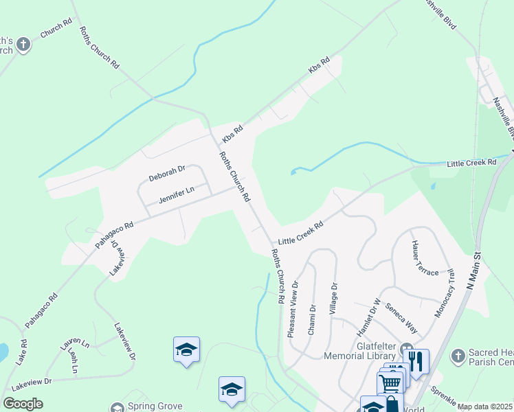 map of restaurants, bars, coffee shops, grocery stores, and more near 1175 Roths Church Road in Spring Grove