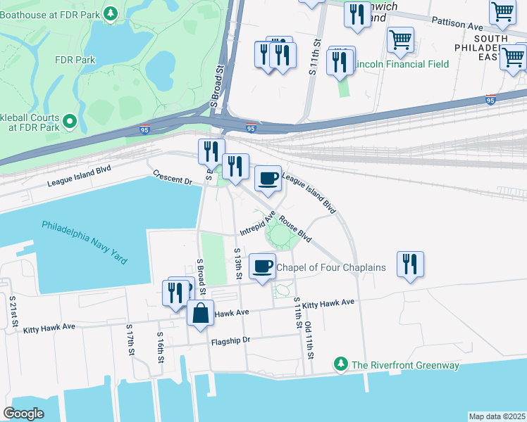 map of restaurants, bars, coffee shops, grocery stores, and more near 150 Rouse Boulevard in Philadelphia