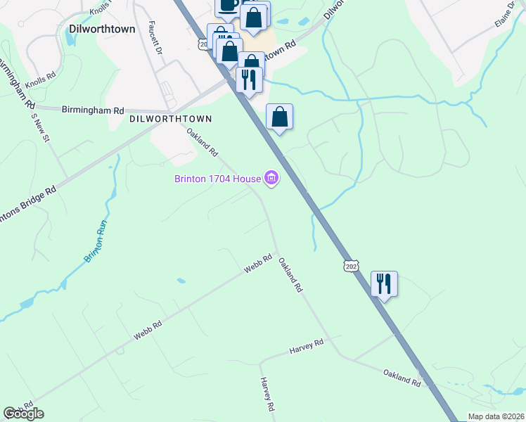 map of restaurants, bars, coffee shops, grocery stores, and more near 31 Oakland Road in Chadds Ford