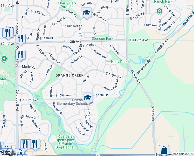 map of restaurants, bars, coffee shops, grocery stores, and more near 10983 Forest Way in Thornton
