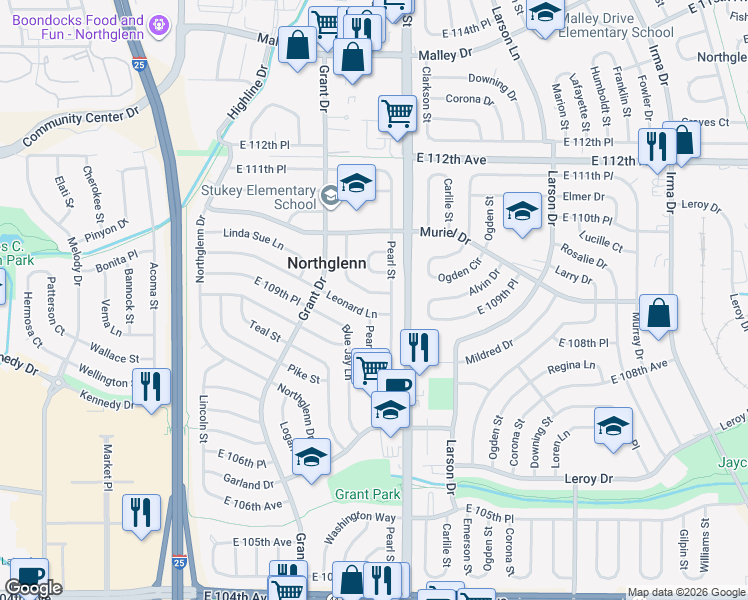 map of restaurants, bars, coffee shops, grocery stores, and more near 10940 Pearl Way in Northglenn