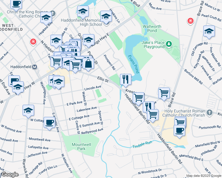 map of restaurants, bars, coffee shops, grocery stores, and more near 511 East Park Avenue in Haddonfield