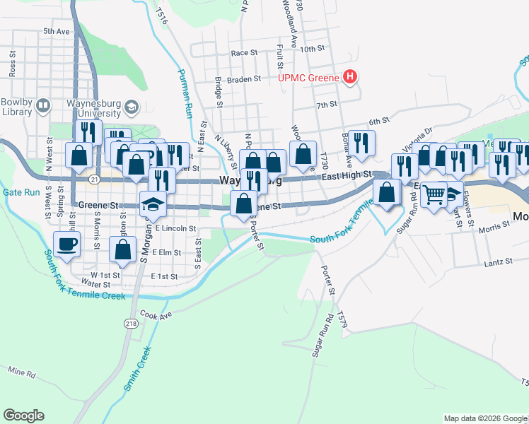 map of restaurants, bars, coffee shops, grocery stores, and more near 68 East Greene Street in Waynesburg