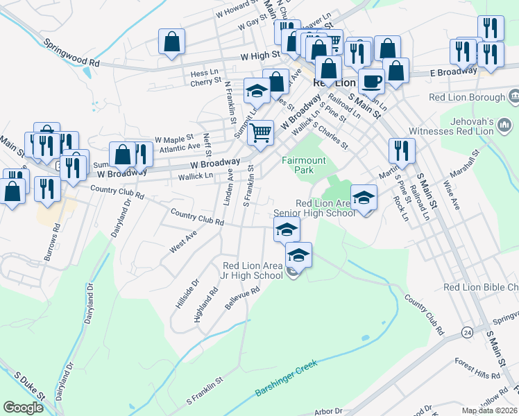 map of restaurants, bars, coffee shops, grocery stores, and more near 127 South Franklin Street in Red Lion