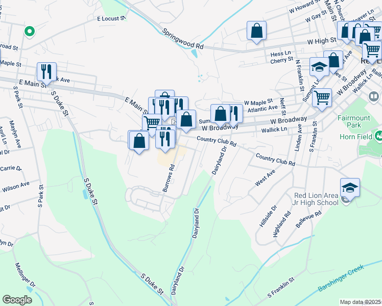 map of restaurants, bars, coffee shops, grocery stores, and more near 114 Country Ridge Drive in Red Lion