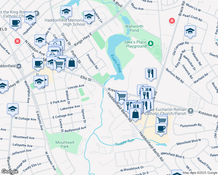 map of restaurants, bars, coffee shops, grocery stores, and more near 1 Kresson Road in Cherry Hill