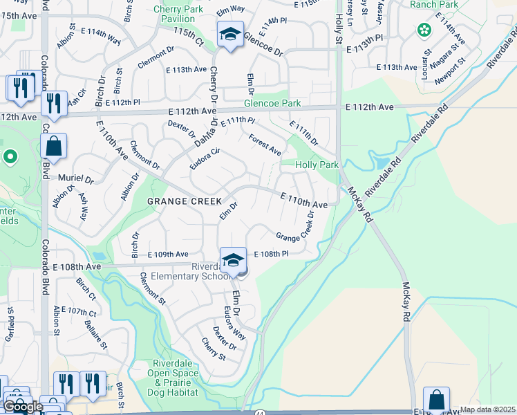 map of restaurants, bars, coffee shops, grocery stores, and more near 10983 Forest Way in Thornton