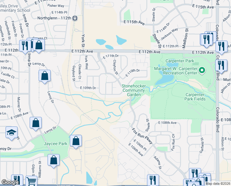 map of restaurants, bars, coffee shops, grocery stores, and more near 10957 Clayton Street in Northglenn