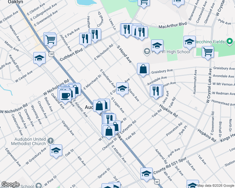 map of restaurants, bars, coffee shops, grocery stores, and more near 207 South Haviland Avenue in Audubon