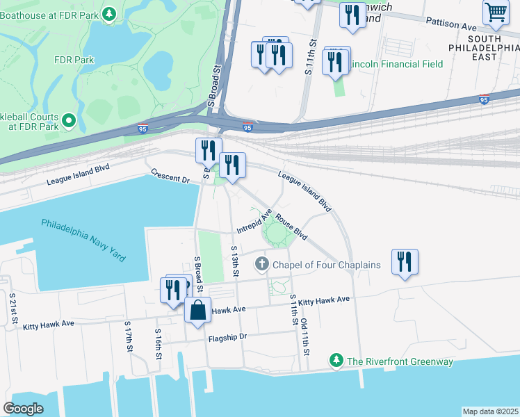 map of restaurants, bars, coffee shops, grocery stores, and more near Patrol Rd in Philadelphia
