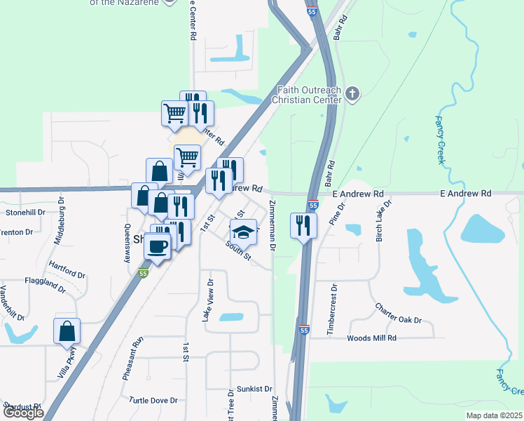 map of restaurants, bars, coffee shops, grocery stores, and more near 1709-1999 Zimmerman Drive in Sherman