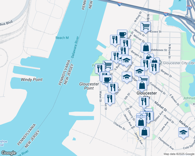 map of restaurants, bars, coffee shops, grocery stores, and more near 1 Water Street in Gloucester City