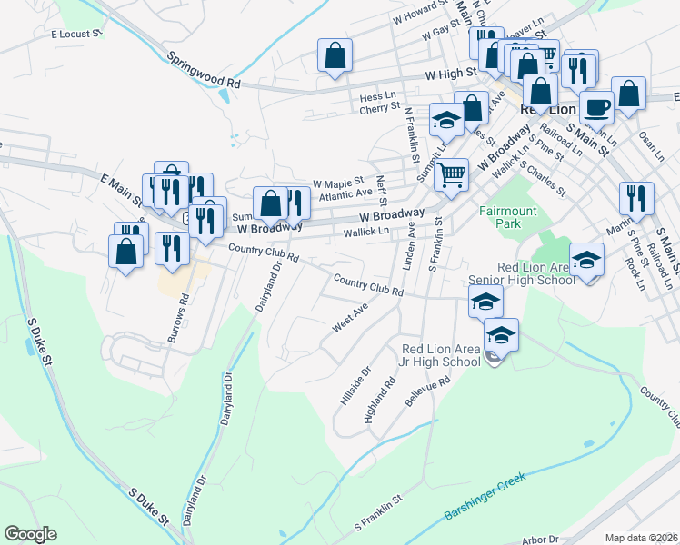 map of restaurants, bars, coffee shops, grocery stores, and more near 651 Country Club Road in Red Lion