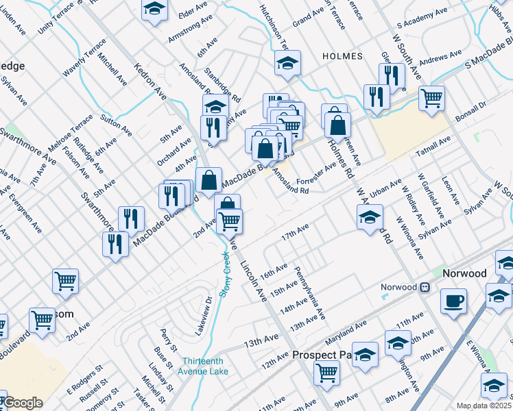 map of restaurants, bars, coffee shops, grocery stores, and more near 1942 Oak Leaf Lane in Holmes