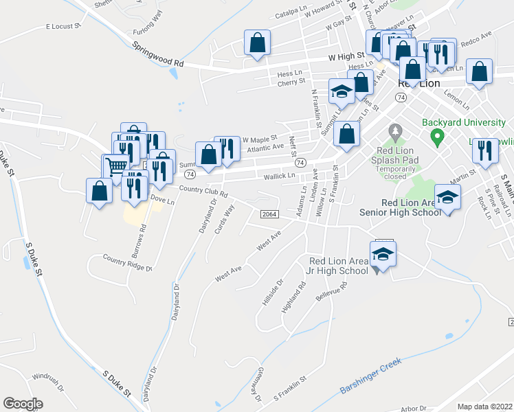 map of restaurants, bars, coffee shops, grocery stores, and more near 703 Country Club Road in Red Lion