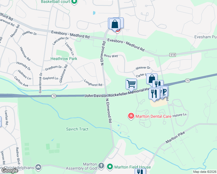 map of restaurants, bars, coffee shops, grocery stores, and more near 300 North Elmwood Road in Evesham Township