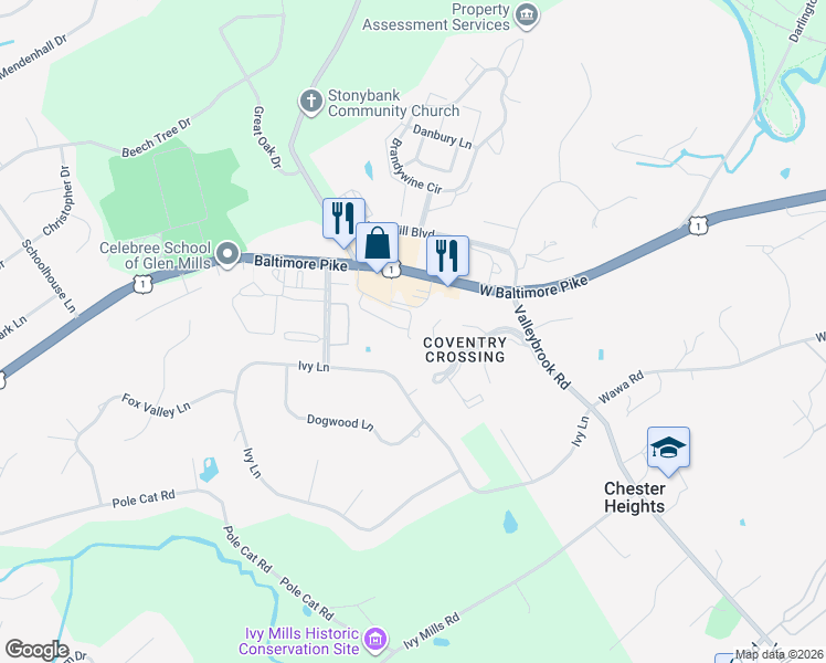 map of restaurants, bars, coffee shops, grocery stores, and more near 4304 Lydia Hollow Drive in Glen Mills