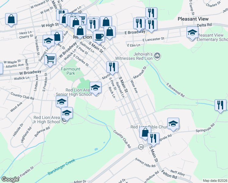 map of restaurants, bars, coffee shops, grocery stores, and more near 514 South Pine Street in Red Lion