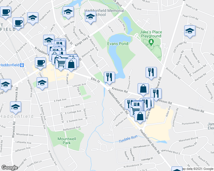 map of restaurants, bars, coffee shops, grocery stores, and more near 1 Kresson Road in Cherry Hill