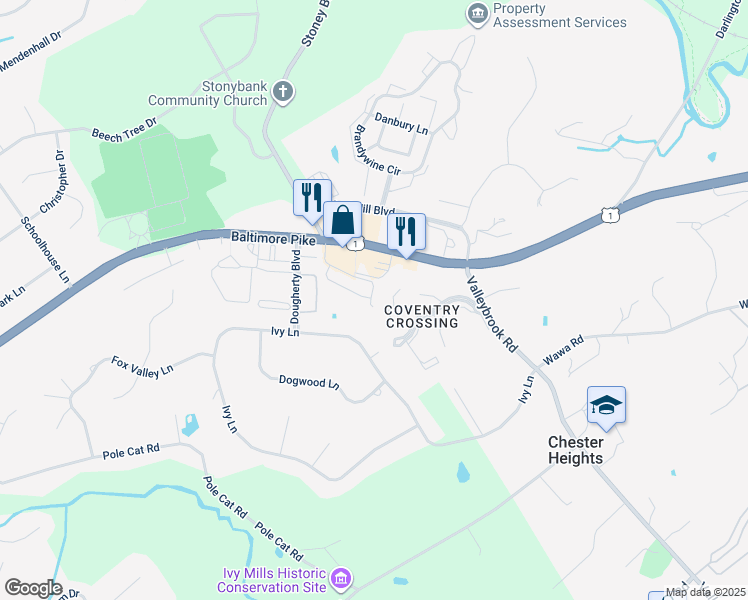 map of restaurants, bars, coffee shops, grocery stores, and more near 6308 Lydia Hollow Drive in Glen Mills