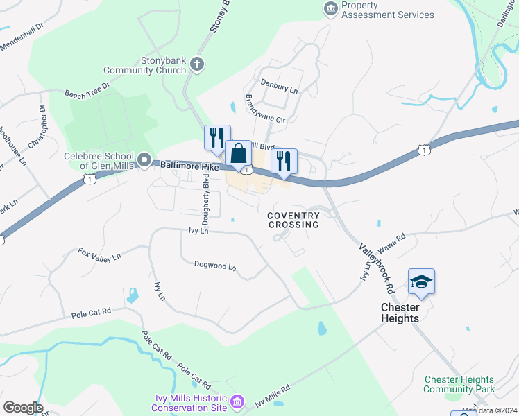 map of restaurants, bars, coffee shops, grocery stores, and more near 6202 Lydia Hollow Drive in Glen Mills