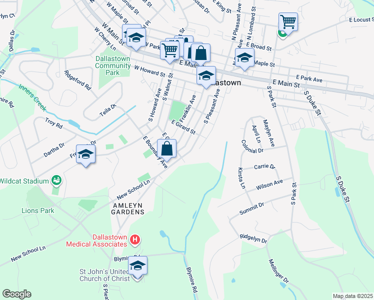 map of restaurants, bars, coffee shops, grocery stores, and more near 342 South Pleasant Avenue in Dallastown