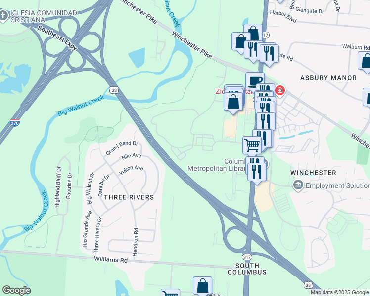 map of restaurants, bars, coffee shops, grocery stores, and more near 3942 Waderidge Trail in Groveport