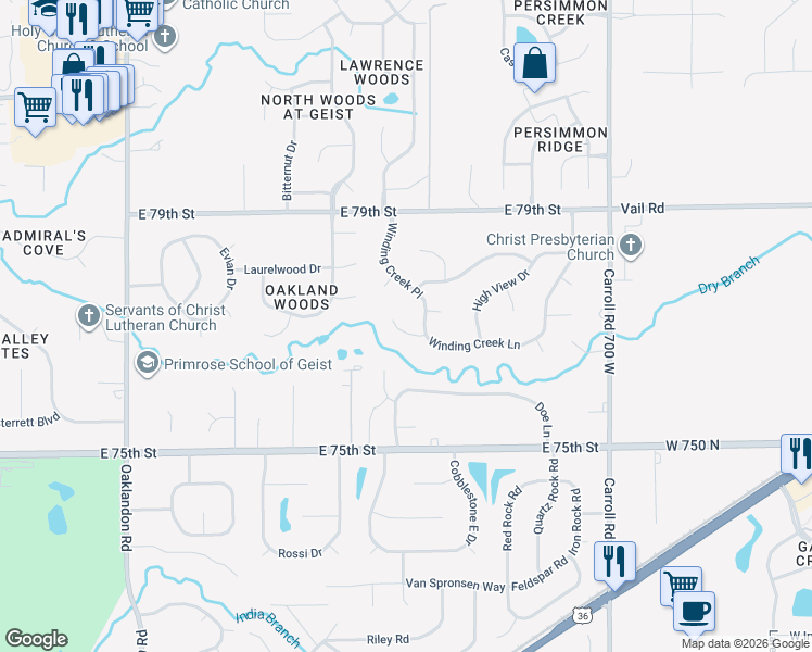 map of restaurants, bars, coffee shops, grocery stores, and more near 12324 Winding Creek Circle in Indianapolis