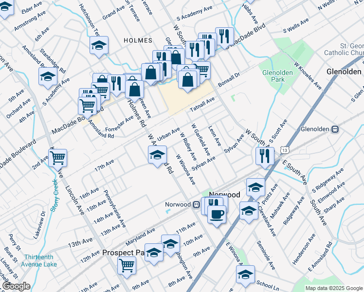 map of restaurants, bars, coffee shops, grocery stores, and more near 402 Trites Avenue in Norwood