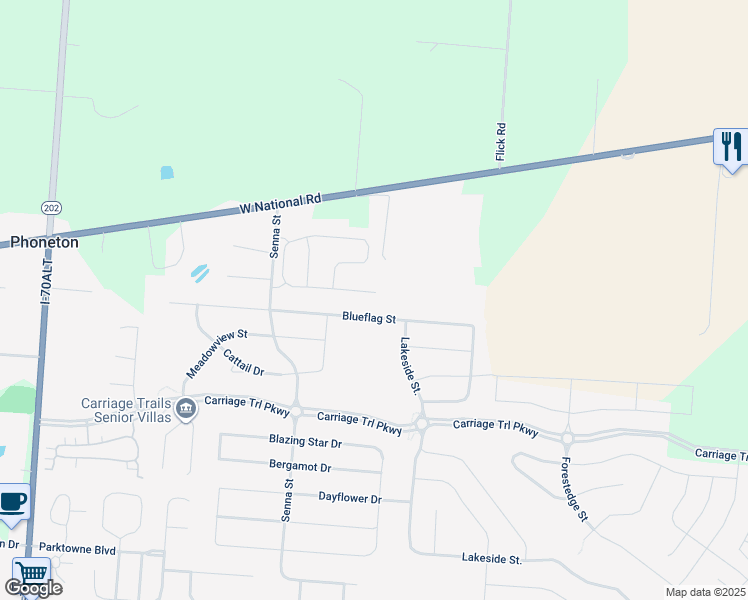map of restaurants, bars, coffee shops, grocery stores, and more near 2693 Blueflag Street in Tipp City