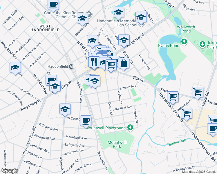 map of restaurants, bars, coffee shops, grocery stores, and more near 63 Centre Street in Haddonfield