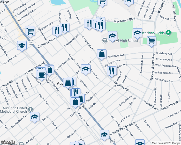 map of restaurants, bars, coffee shops, grocery stores, and more near 229 South Davis Avenue in Audubon