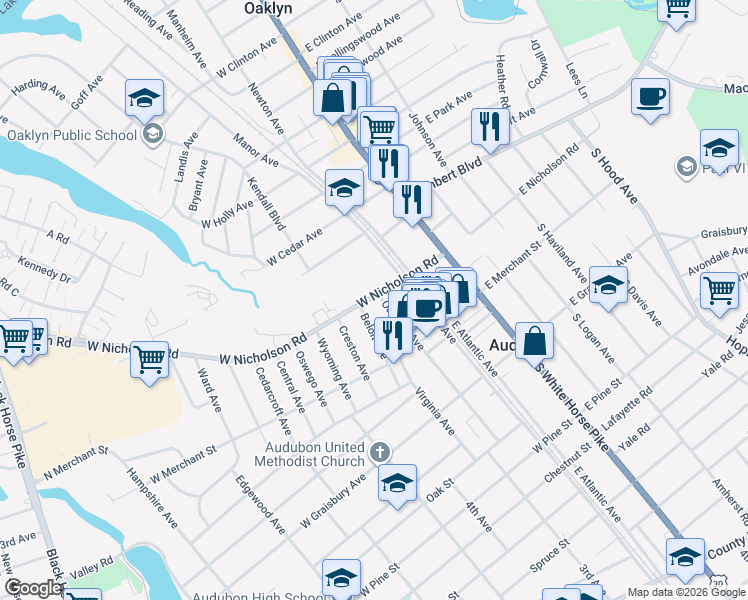 map of restaurants, bars, coffee shops, grocery stores, and more near 207 West Nicholson Road in Audubon