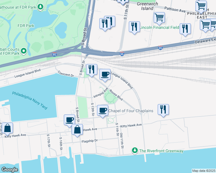 map of restaurants, bars, coffee shops, grocery stores, and more near 1001 Intrepid Avenue in Philadelphia