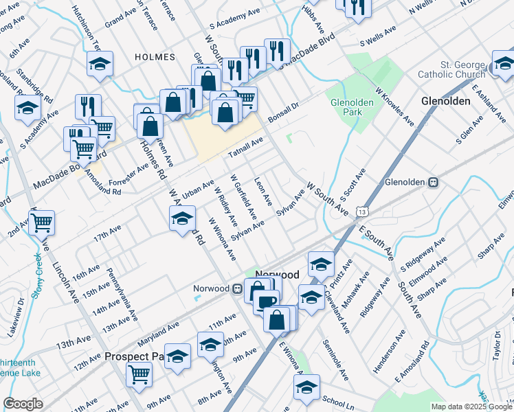 map of restaurants, bars, coffee shops, grocery stores, and more near 233 West Garfield Avenue in Norwood
