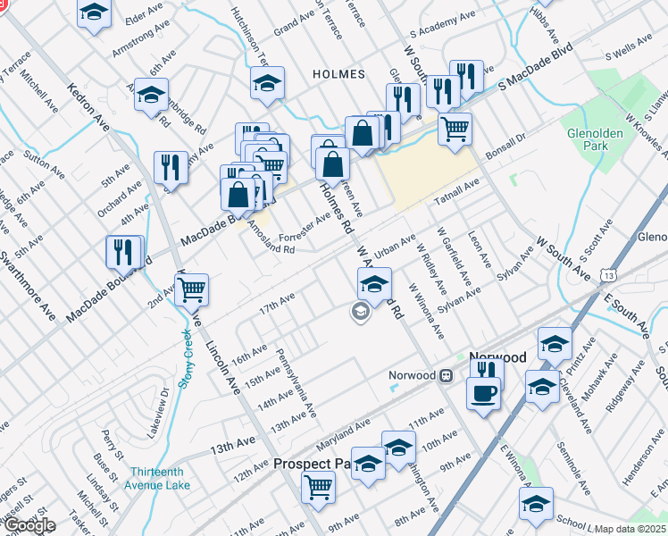 map of restaurants, bars, coffee shops, grocery stores, and more near 1646 Norwood Avenue in Prospect Park