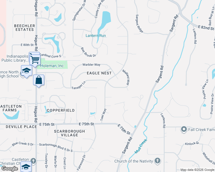map of restaurants, bars, coffee shops, grocery stores, and more near 7801 Teel Way in Indianapolis