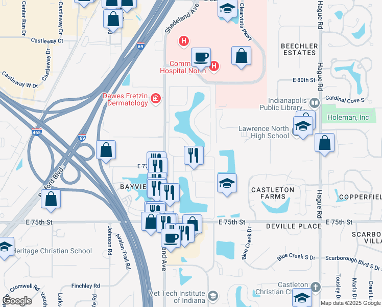 map of restaurants, bars, coffee shops, grocery stores, and more near 7540 East 71st Street in Indianapolis