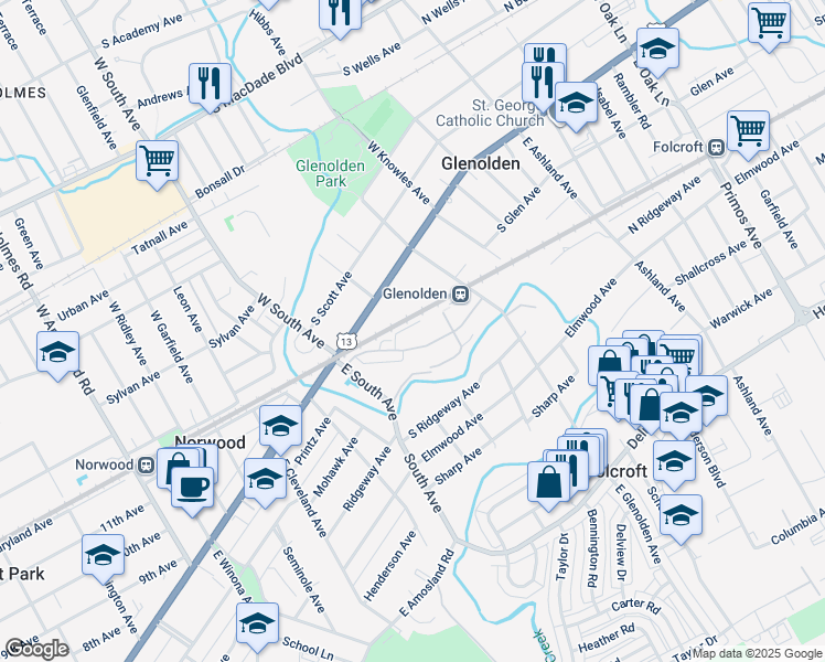 map of restaurants, bars, coffee shops, grocery stores, and more near 100 East Glenolden Avenue in Glenolden